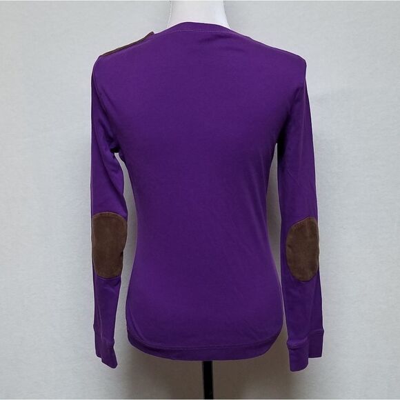 RALPH Lauren Purple Brown Faux Suede Elbow Patch Shoulder Zip Long Sleeve Top - Picture 10 of 13